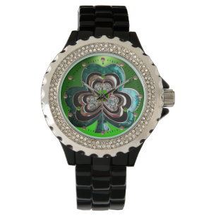 GOLD, EMERALD GREEN SHAMROCK JEWEL MET PARELTJES HORLOGE