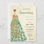 Gold Emerald Green Sparkle Dress Quinceanera Kaart (Voorkant)