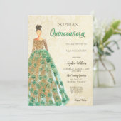 Gold Emerald Green Sparkle Dress Quinceanera Kaart (Staand voorkant)