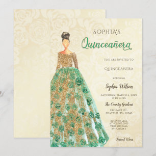 Gold Emerald Green Sparkle Dress Quinceanera Kaart