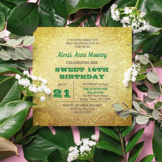 Gold & Emerald Green Sparkly Sweet 16 Kaart