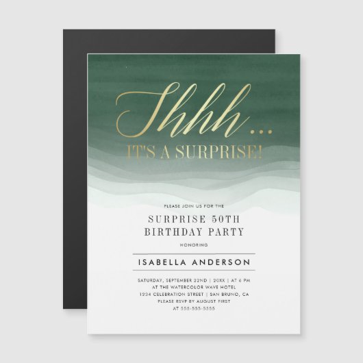 Gold & Emerald Green Waterverf Verrassingsdag Magnetische Uitnodiging (Voorkant / Achterkant)