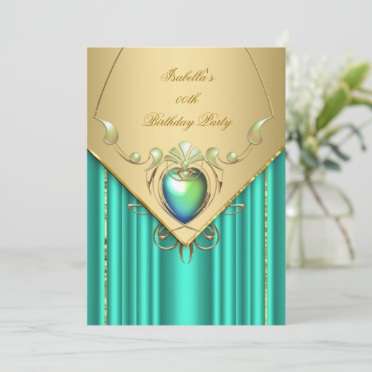 Gold Emerald Jade Green Birthday Party Invite Kaart (Staand voorkant)