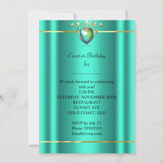 Gold Emerald Jade Green Birthday Party Invite Kaart (Achterkant)
