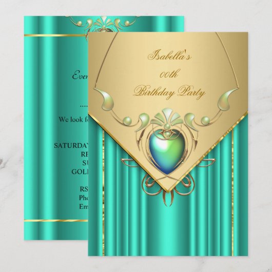Gold Emerald Jade Green Birthday Party Invite Kaart (Voorkant / Achterkant)