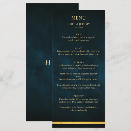 Gold Emerald Velvet Elegant Fairy Tale Wedding Menu (Voorkant / Achterkant)