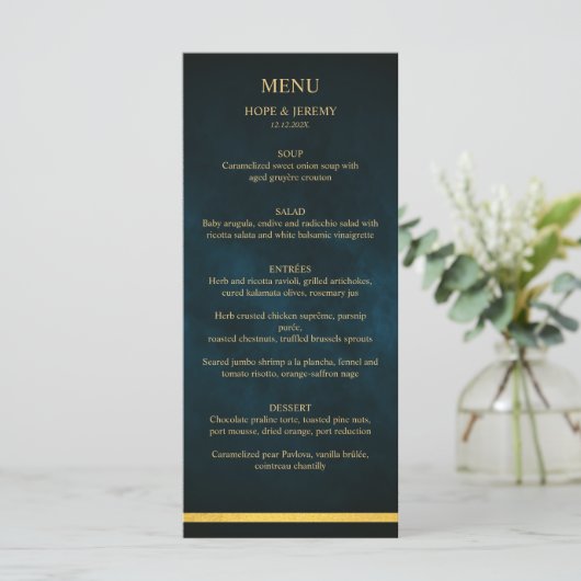 Gold Emerald Velvet Elegant Fairy Tale Wedding Menu (Staand voorkant)