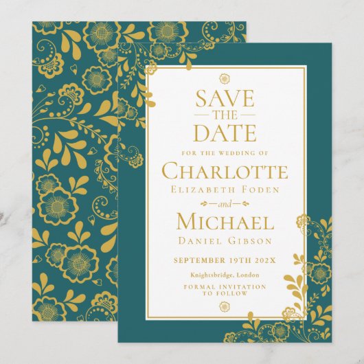 Gold Emerald Victoriaans Floral Lace Save the Date Kaart (Voorkant / Achterkant)