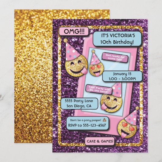 Gold Emoji Birthday Party - tekst over mobiele tel Kaart (Voorkant / Achterkant)
