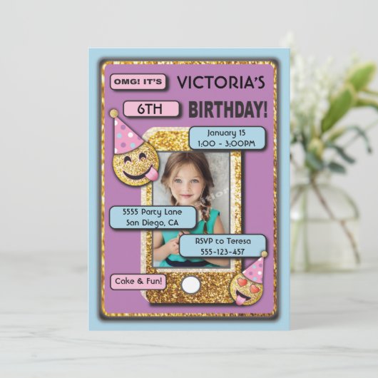 Gold Emoji Birthday Party - Telefoon Foto Kaart (Staand voorkant)