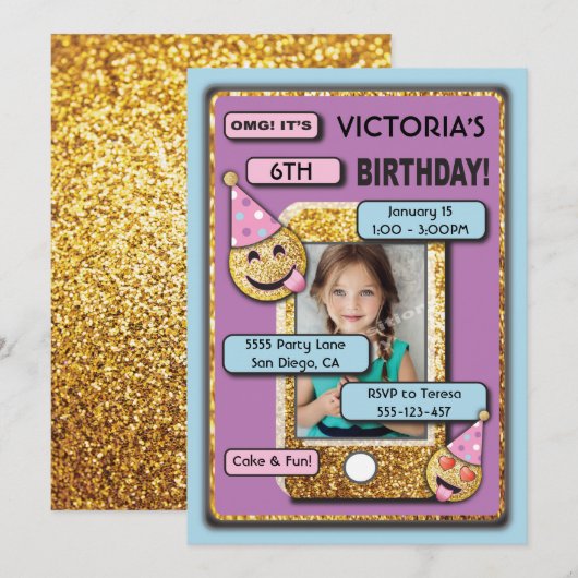 Gold Emoji Birthday Party - Telefoon Foto Kaart (Voorkant / Achterkant)