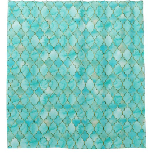 Gold- en Aqua Maroccan-patroon Douchegordijn (Voorkant)