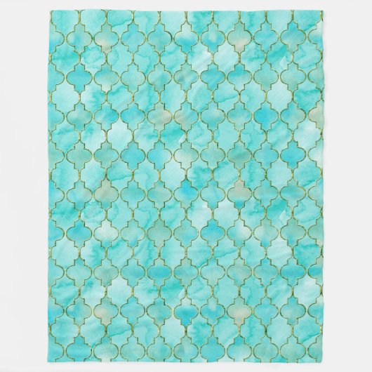 Gold- en Aqua Maroccan-patroon Fleece Deken (Voorkant)