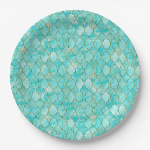 Gold- en Aqua Maroccan-patroon Papieren Bordje