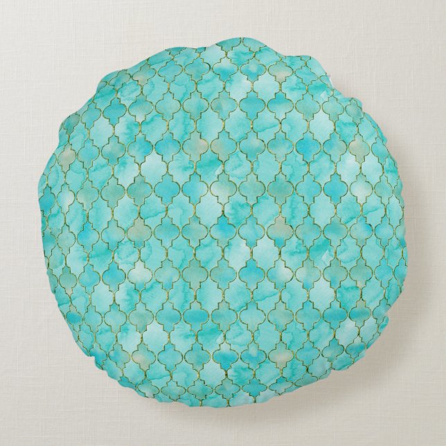 Gold- en Aqua Maroccan-patroon Rond Kussen (Achterkant)