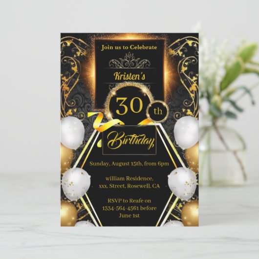 Gold en Black 30th Birthday Invitation Kaart (Staand voorkant)