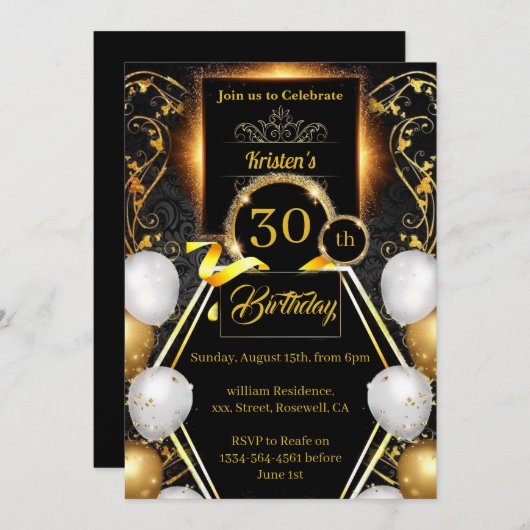 Gold en Black 30th Birthday Invitation Kaart (Voorkant / Achterkant)