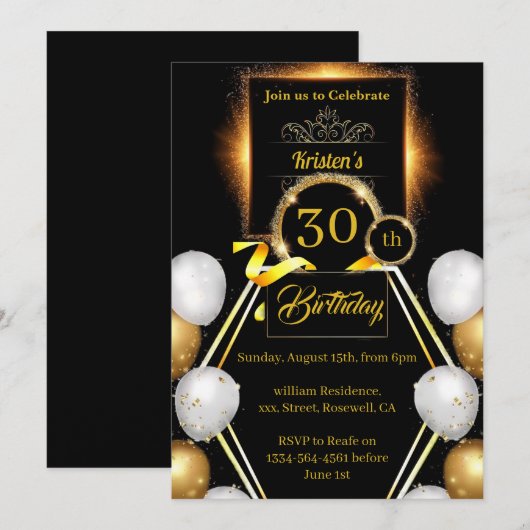 Gold en Black 30th Birthday Kaart (Voorkant / Achterkant)