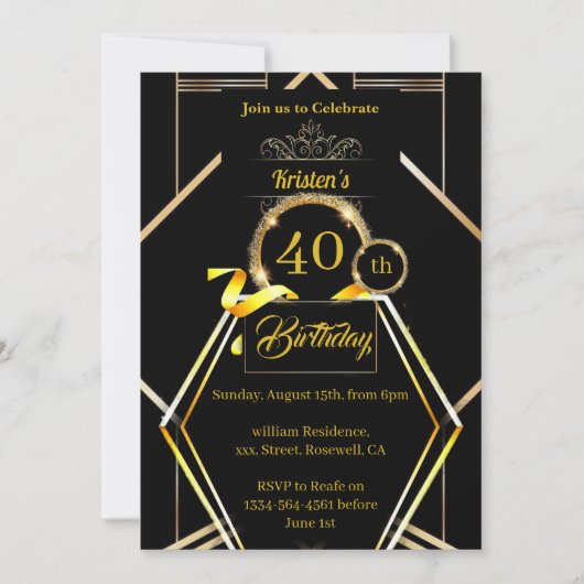 Gold en Black 40th Birthday Invitation Kaart (Voorkant)