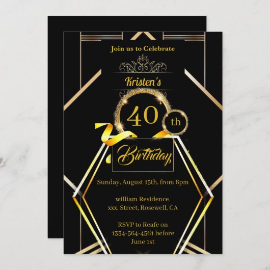 Gold en Black 40th Birthday Invitation Kaart (Voorkant / Achterkant)