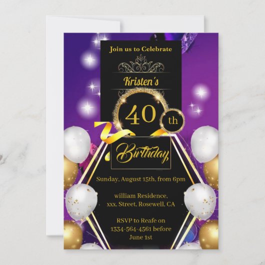 Gold en Black 40th Birthday Invitation Kaart (Voorkant)