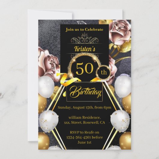 Gold en Black 50th Birthday Invitation Kaart (Voorkant)