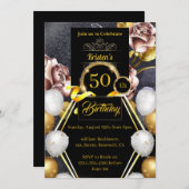 Gold en Black 50th Birthday Invitation Kaart (Voorkant / Achterkant)