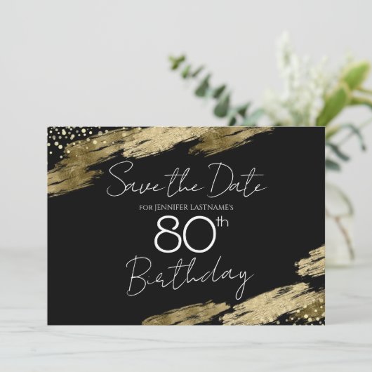 Gold en Black 80th Birthday Sparen de datum Kaart (Staand voorkant)