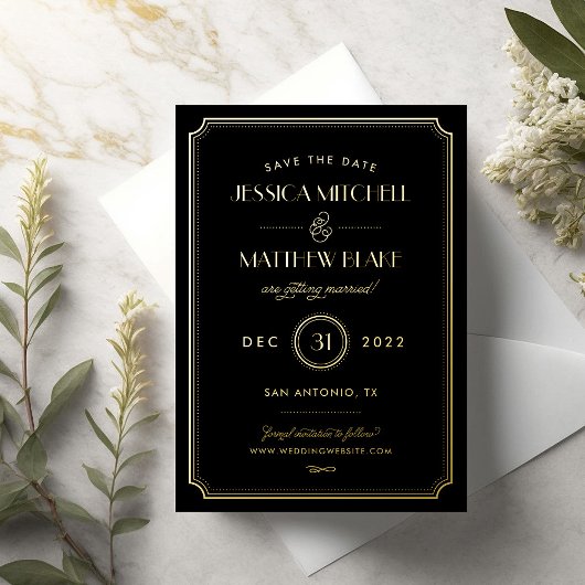 Gold en Black Art Deco Bespaar de datum Folie Uitnodiging