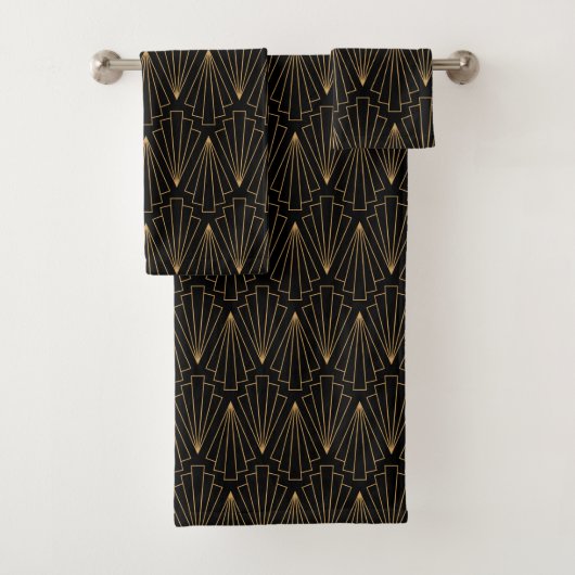 Gold en Black Art Deco Fan Flower Pattern Bad Handdoek (Insitu)