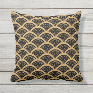 Gold en Black Art Deco Fan Flower Pattern Buitenkussen