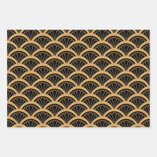 Gold en Black Art Deco Fan Flower Pattern Inpakpapier Vel (Voorkant 3)