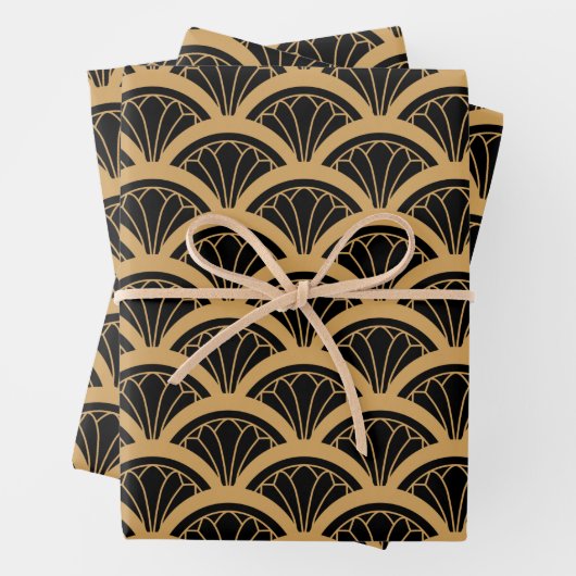 Gold en Black Art Deco Fan Flower Pattern Inpakpapier Vel (In situ)