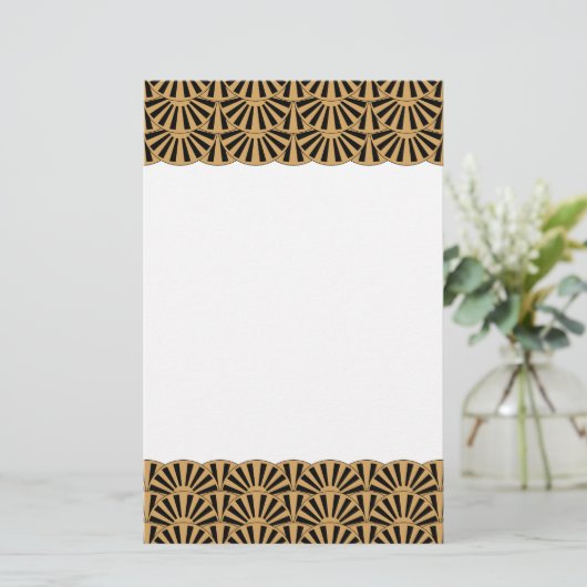 Gold en Black Art Deco Fan Flowers Motif Briefpapier (Staand voorkant)