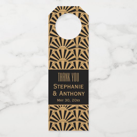 Gold en Black Art Deco Fan Flowers Wedding Flessenhanger (Voorkant)