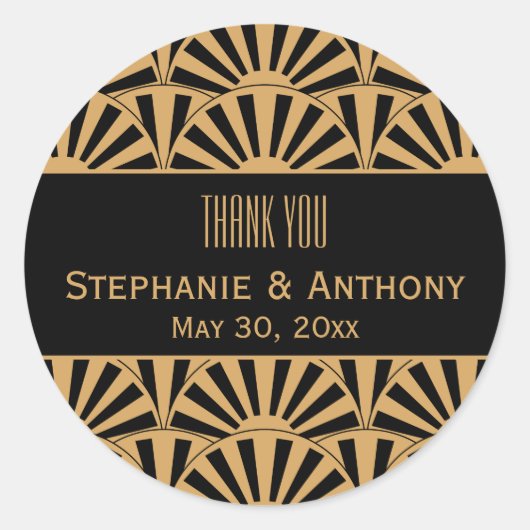 Gold en Black Art Deco Fan Flowers Wedding Ronde Sticker (Voorkant)