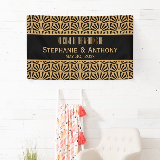 Gold en Black Art Deco Fan Flowers Wedding Spandoek (Insitu)