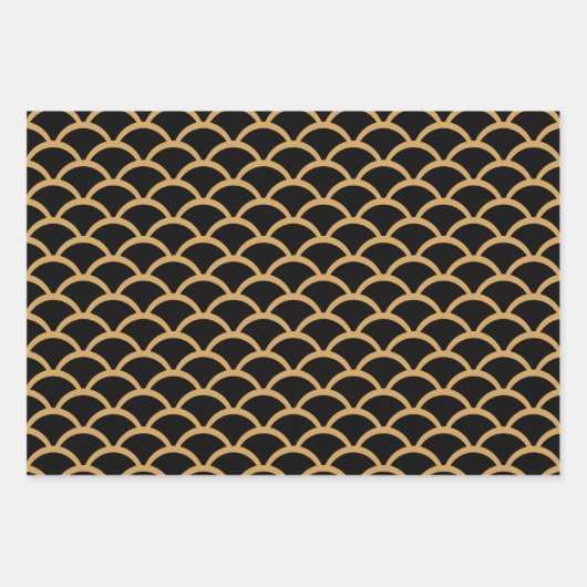 Gold en Black Art Deco Fish Scale Pattern Inpakpapier Vel (Voorkant 3)