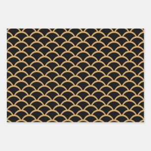 Gold en Black Art Deco Fish Scale Pattern Inpakpapier Vel