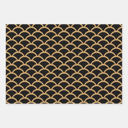 Gold en Black Art Deco Fish Scale Pattern Inpakpapier Vel (Voorkant)