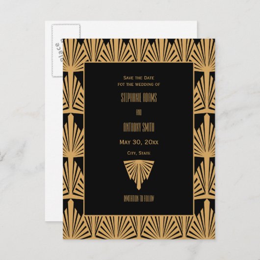 Gold en Black Art Deco Patroon Opslaan Datum Aankondigingskaart (Voorkant / Achterkant)