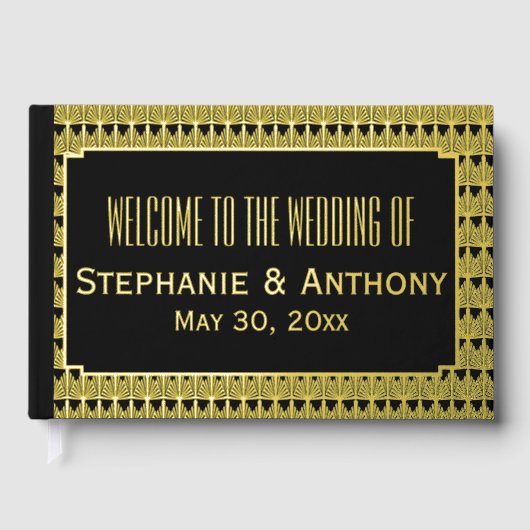 Gold en Black Art Deco Pattern Weddenschap Harteli Gastenboek (Voorkant)