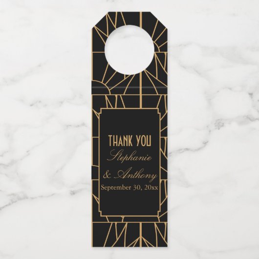 Gold en Black Art Deco Pattern Wedding Flessenhanger (Voorkant)
