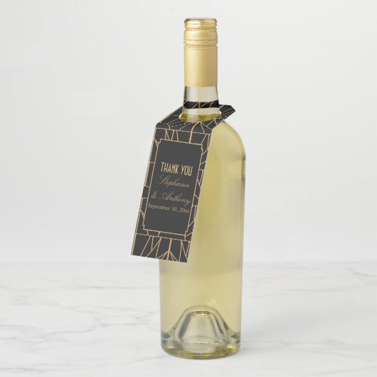 Gold en Black Art Deco Pattern Wedding Flessenhanger (Schuin)