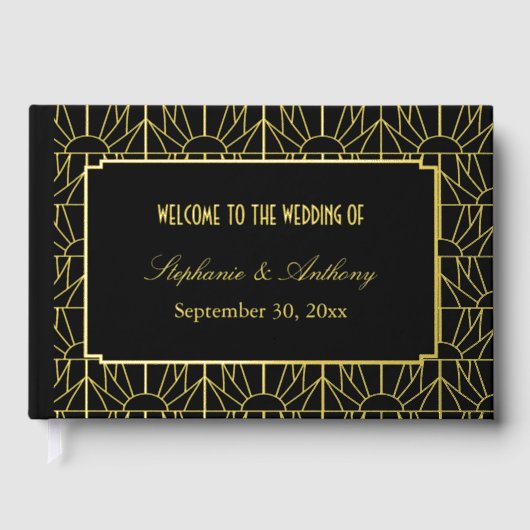 Gold en Black Art Deco Pattern Wedding Gastenboek (Voorkant)