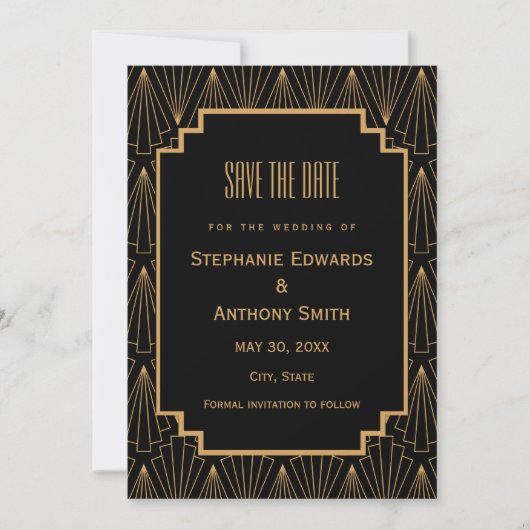 Gold en Black Art Deco Pattern Wedding Save The Date (Voorkant)