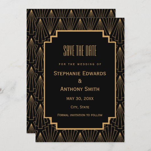 Gold en Black Art Deco Pattern Wedding Save The Date (Voorkant / Achterkant)