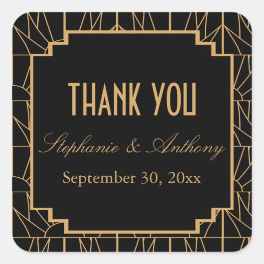 Gold en Black Art Deco Pattern Wedding Vierkante Sticker (Voorkant)