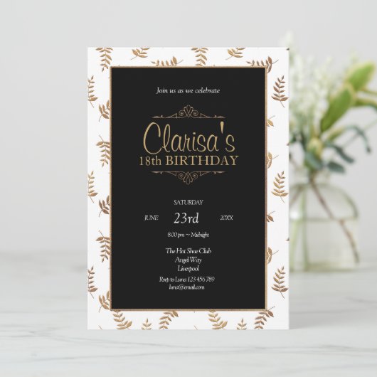 Gold en Black Birthday Invitation Kaart (Staand voorkant)