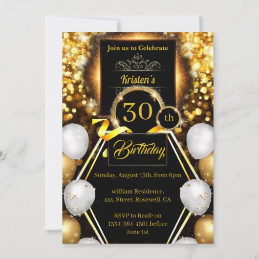 Gold en Black Birthday Invitation Kaart (Voorkant)
